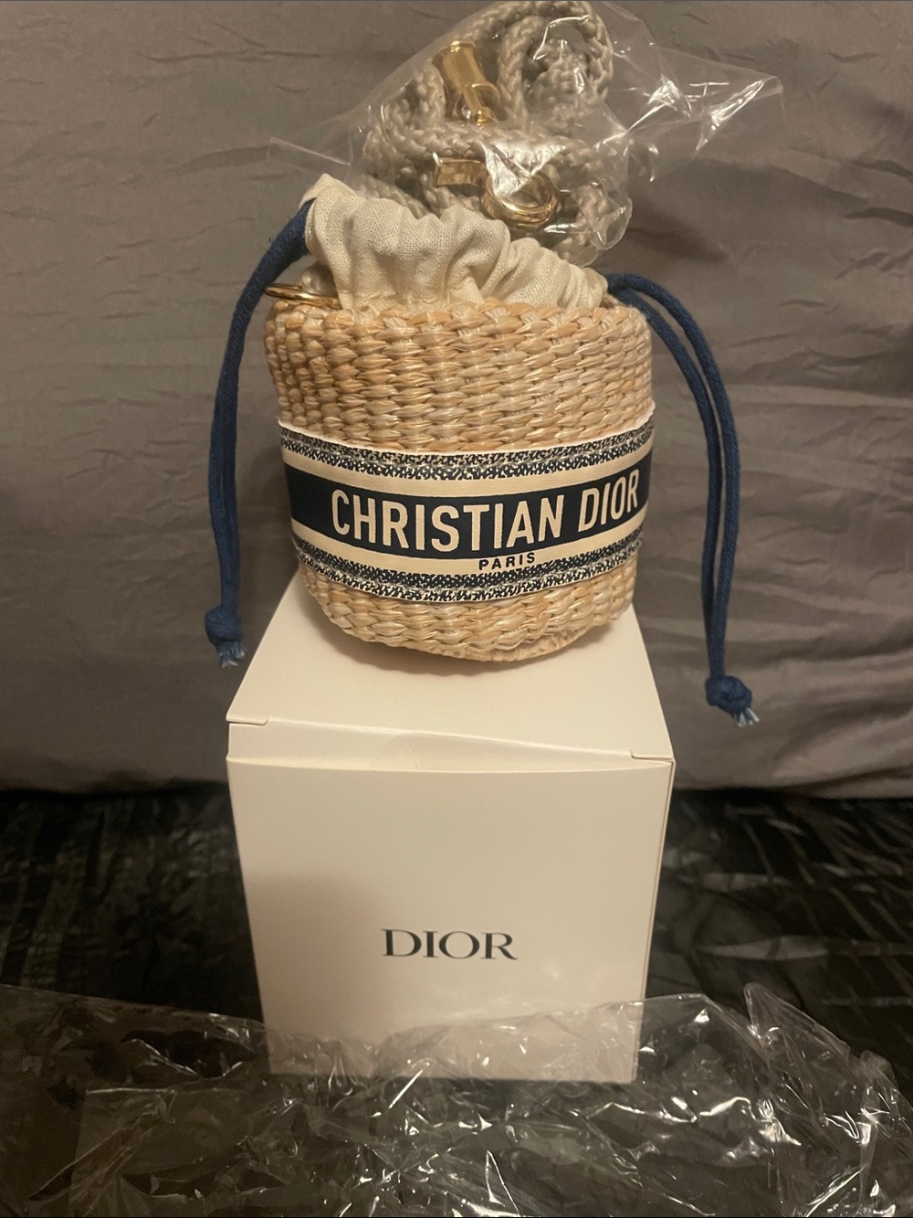 Christian Dior Raffia Bucket Bag Pouch in Natural & Navy